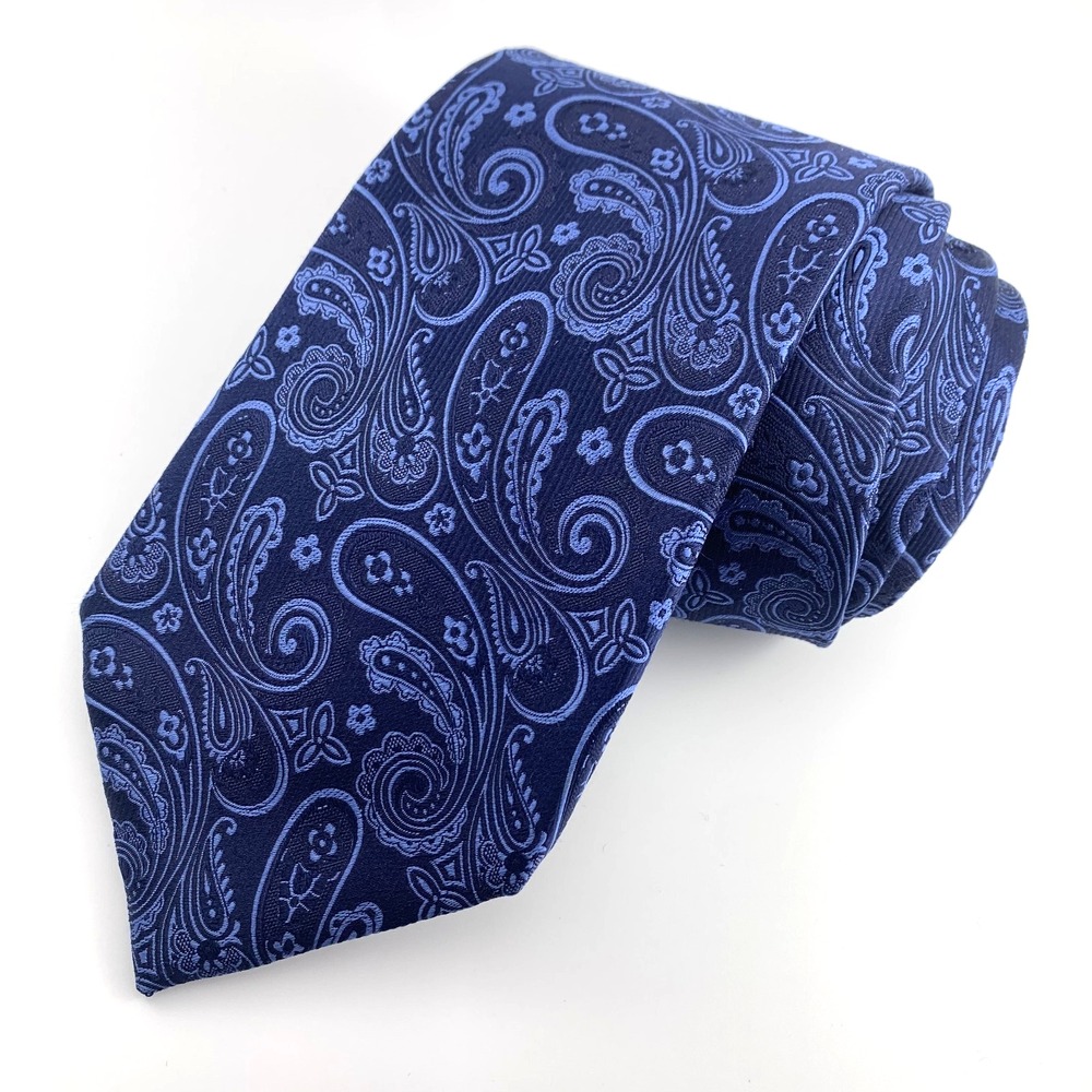 Tasso Elba SPA Mens Tie Navy w Lt Blue Paisley 100% Silk Neckwear Repp LONG 60"‎